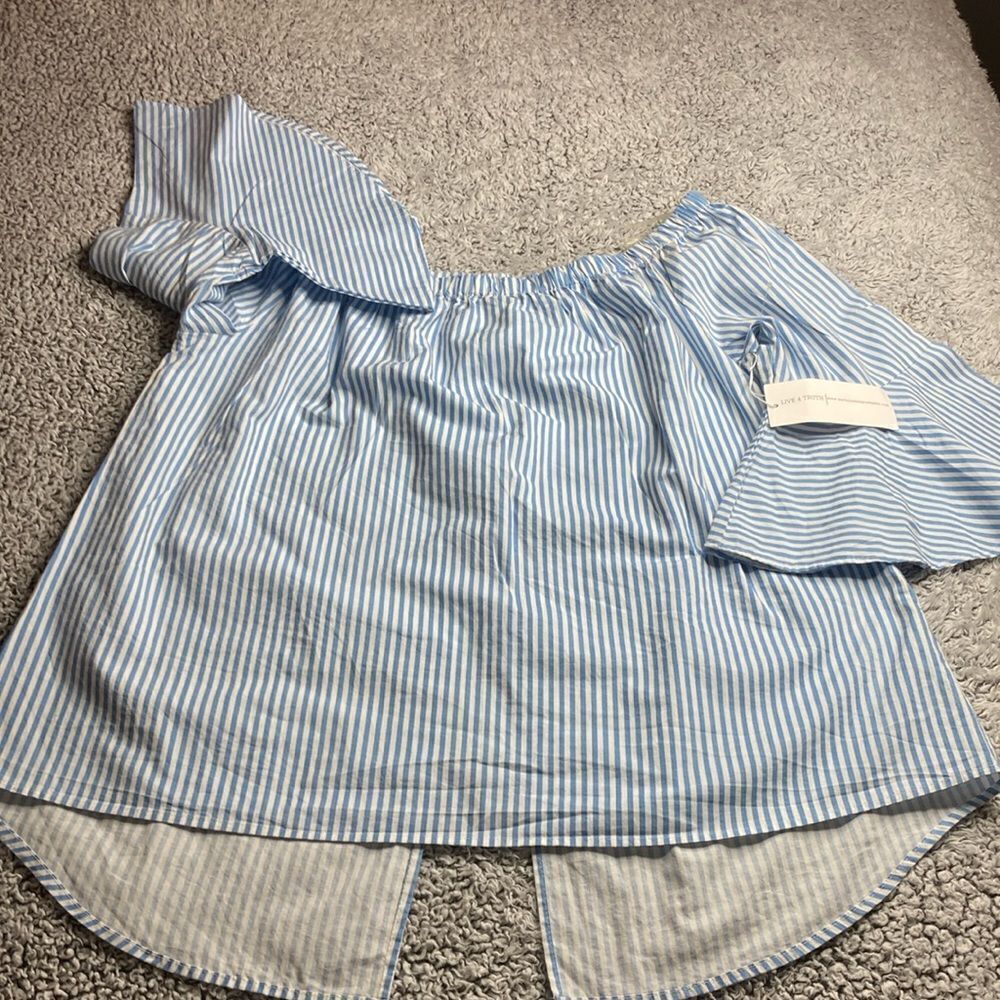 NWT LIVE 4 TRUTH XL Blue Striped Blouse Off Shoulder 3/4 Bell Sleeve wOpen Back